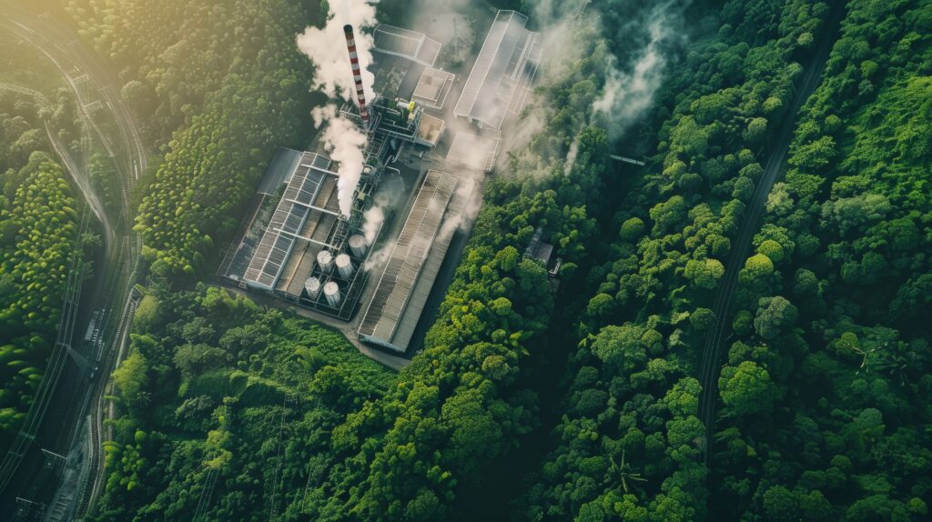 green-industry-concept-with-zero-emissions-factory-surrounded-by-lush-forests O papel da descarbonização
