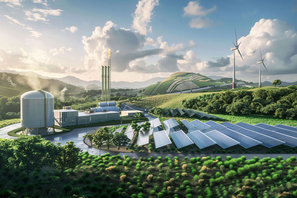Planta de energia renovável com painéis solares, aerogeradores e usina de biogás.