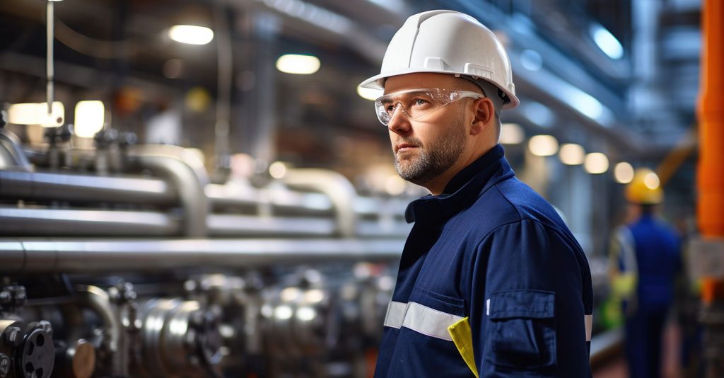 Engenheiro fazendo a inspeção de tubos e válvulas em uma planta de cogeração de energia