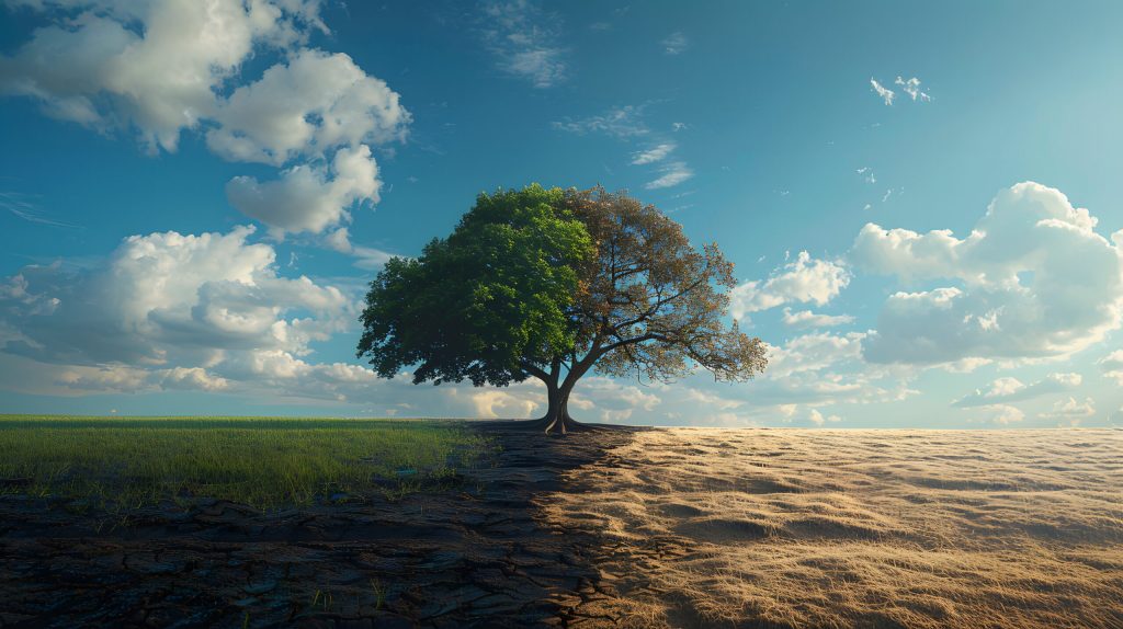 Mudanças climáticas ilustrada na divisão entre o verde e o desmatamento.