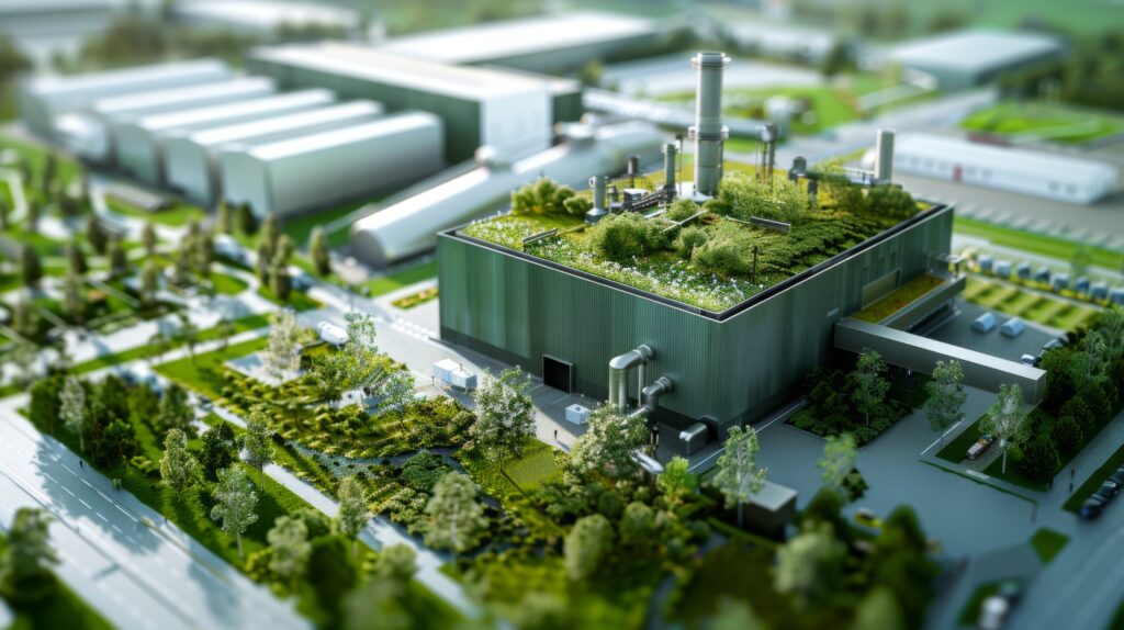 A green roof on a building with a city in the background