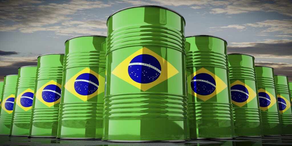 Oil barrels with flag of Brazil - 3D illustration Barril de biocombustível