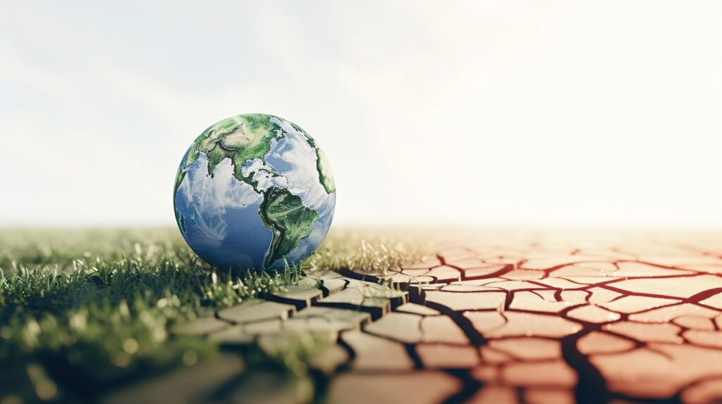 Globo terrestre posicionado entre área verde e solo seco rachado, representando o contraste entre equilíbrio ambiental e aquecimento global.