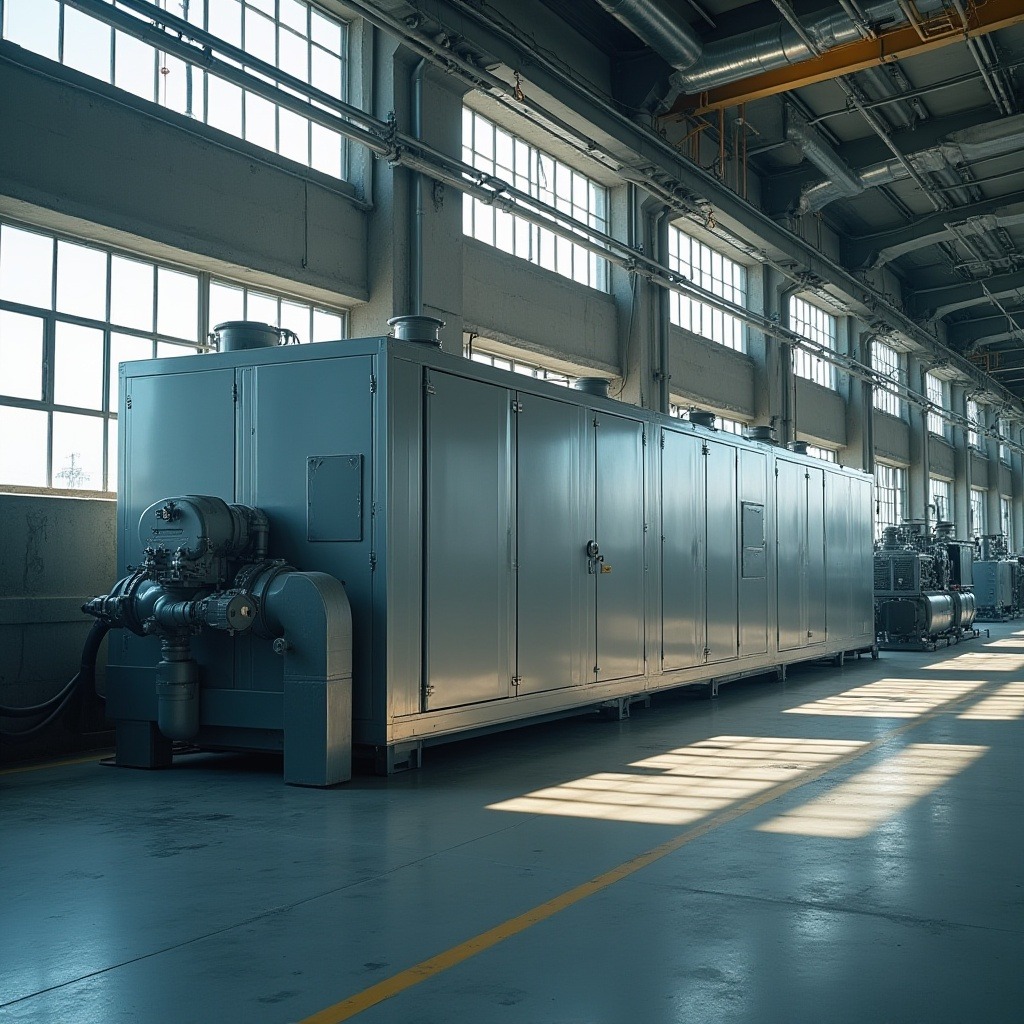 Chiller industrial em operação com tubulações e painel de controle em ambiente fabril