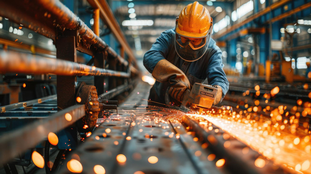Trabalhador metalúrgico cortando aço em oficina industrial, representando operações que podem ganhar eficiência com a terceirização de utilidades industriais