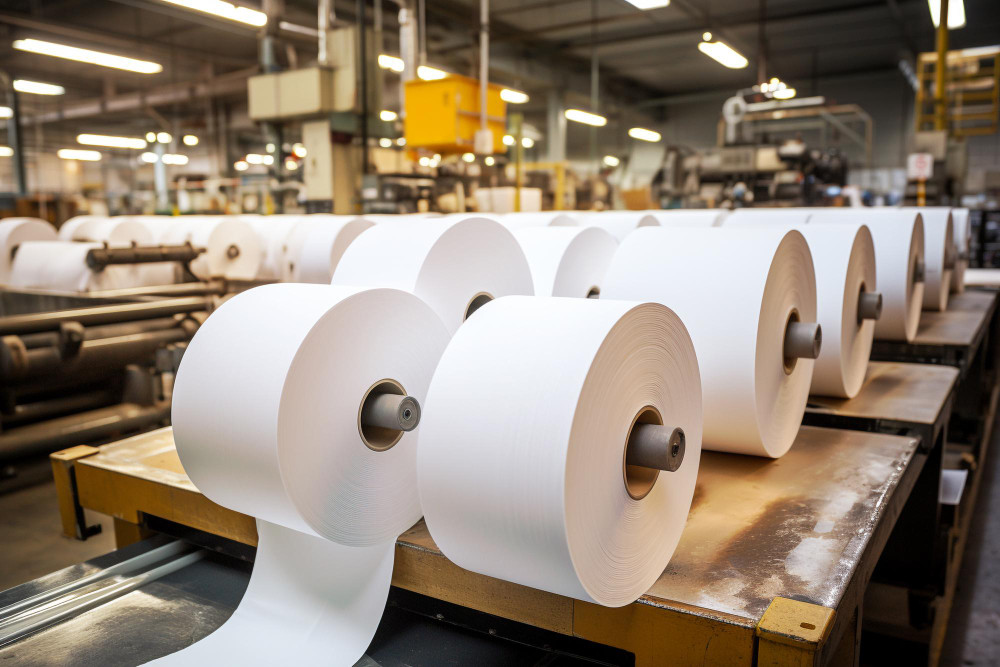 Grandes rolos de papel em máquina de corte industrial, representando a importância do vapor em papel e celulose para a continuidade produtiva.