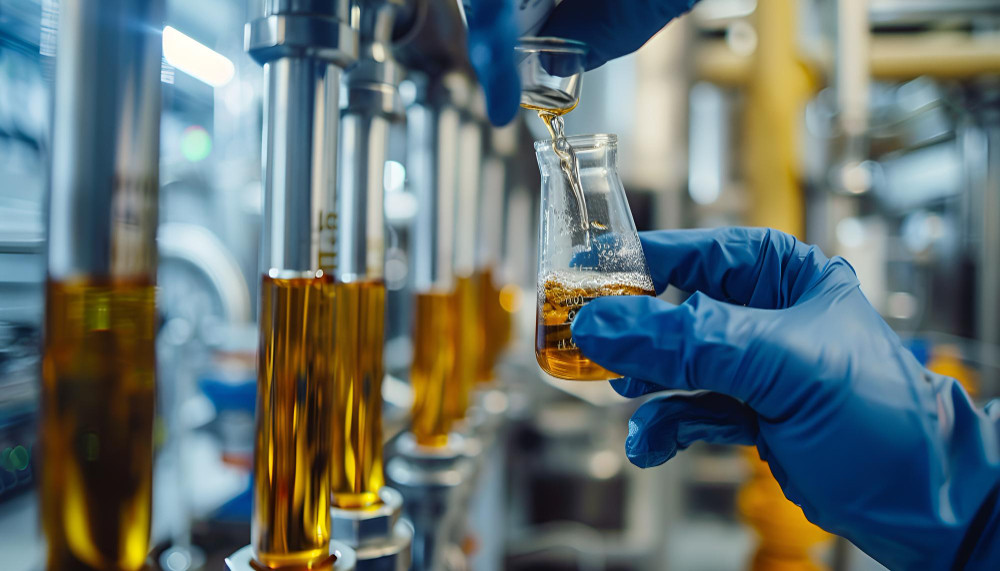 Técnico de laboratório manuseando tubo de ensaio em fábrica química, representando os desafios do mercado de carbono na indústria química