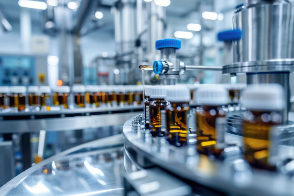 Instalações avançadas de fábrica farmacêutica, representando climatização na indústria farmacêutica e controle de ambientes produtivos.