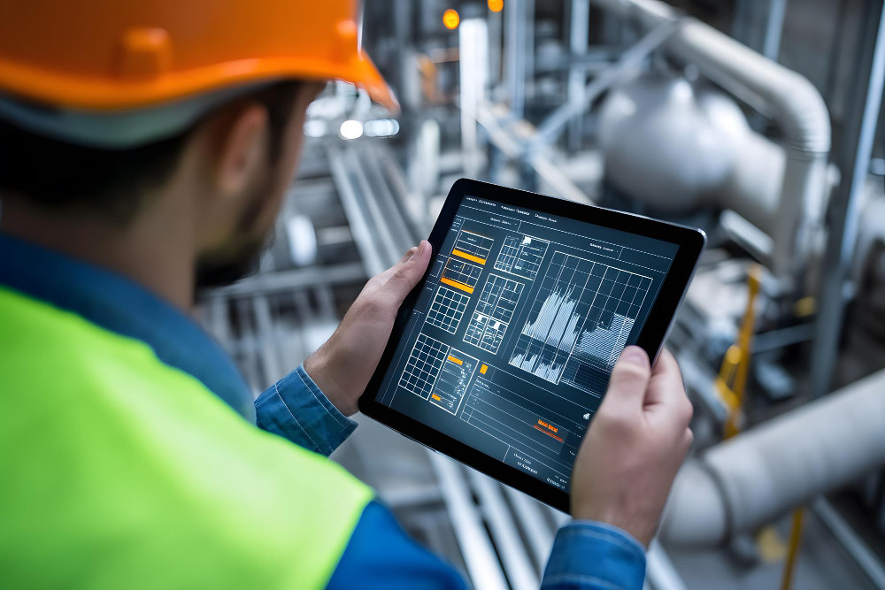 Trabalhador industrial analisando dados em tablet na fábrica, representando diagnóstico energético industrial.