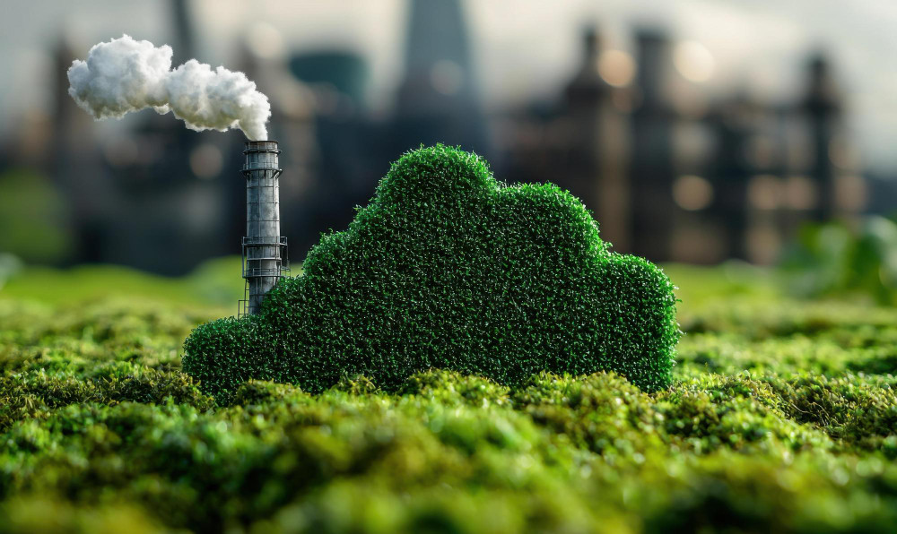Ambiente sustentável com elementos visuais, representando créditos de carbono na indústria e projetos de descarbonização.