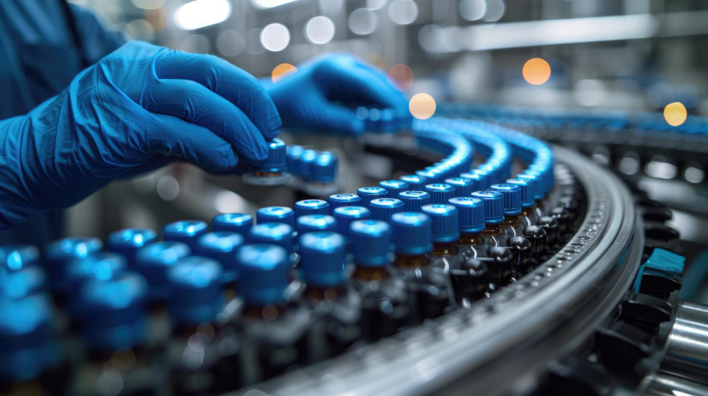 Utilities as a Service na indústria farmacêutica com profissional de laboratório analisando frascos em linha de produção.