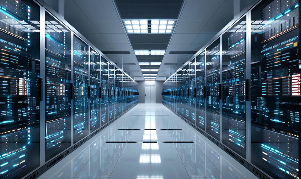 Data center com racks de servidores para ilustrar resfriamento de data centers e sistemas de água gelada.