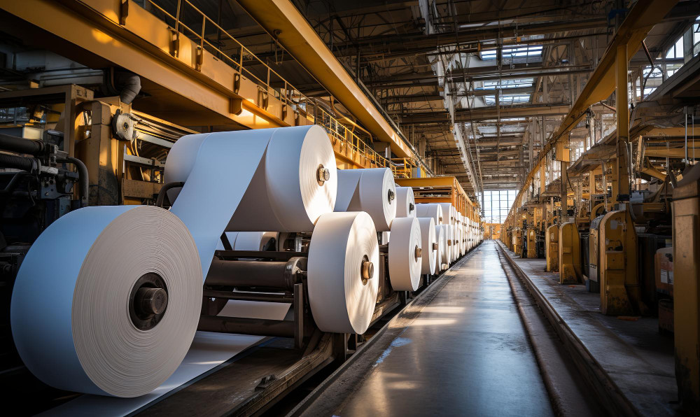 Rolos de papel em linha de produção industrial de forma ilustrativa sobre cogeração de energia em papel e celulose.