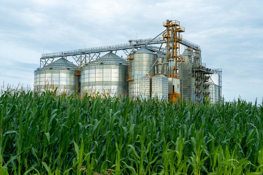 Silos industriais em usinas de etanol de milho para armazenamento e processamento de grãos.