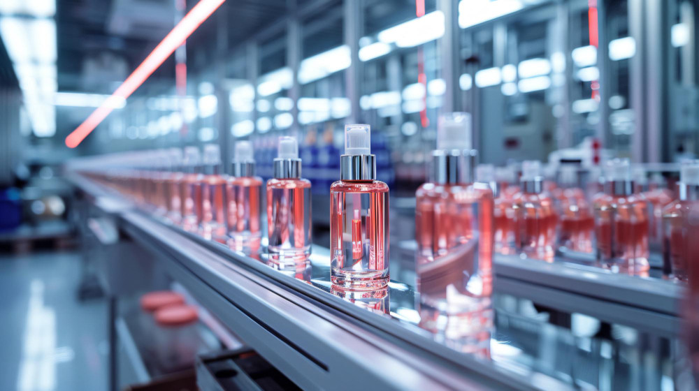 Linha de produção de cosméticos em ambiente industrial com frascos sendo processados